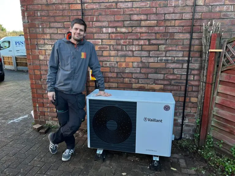 Liam our installer with a Vaillant Heat pump installed in Manchester