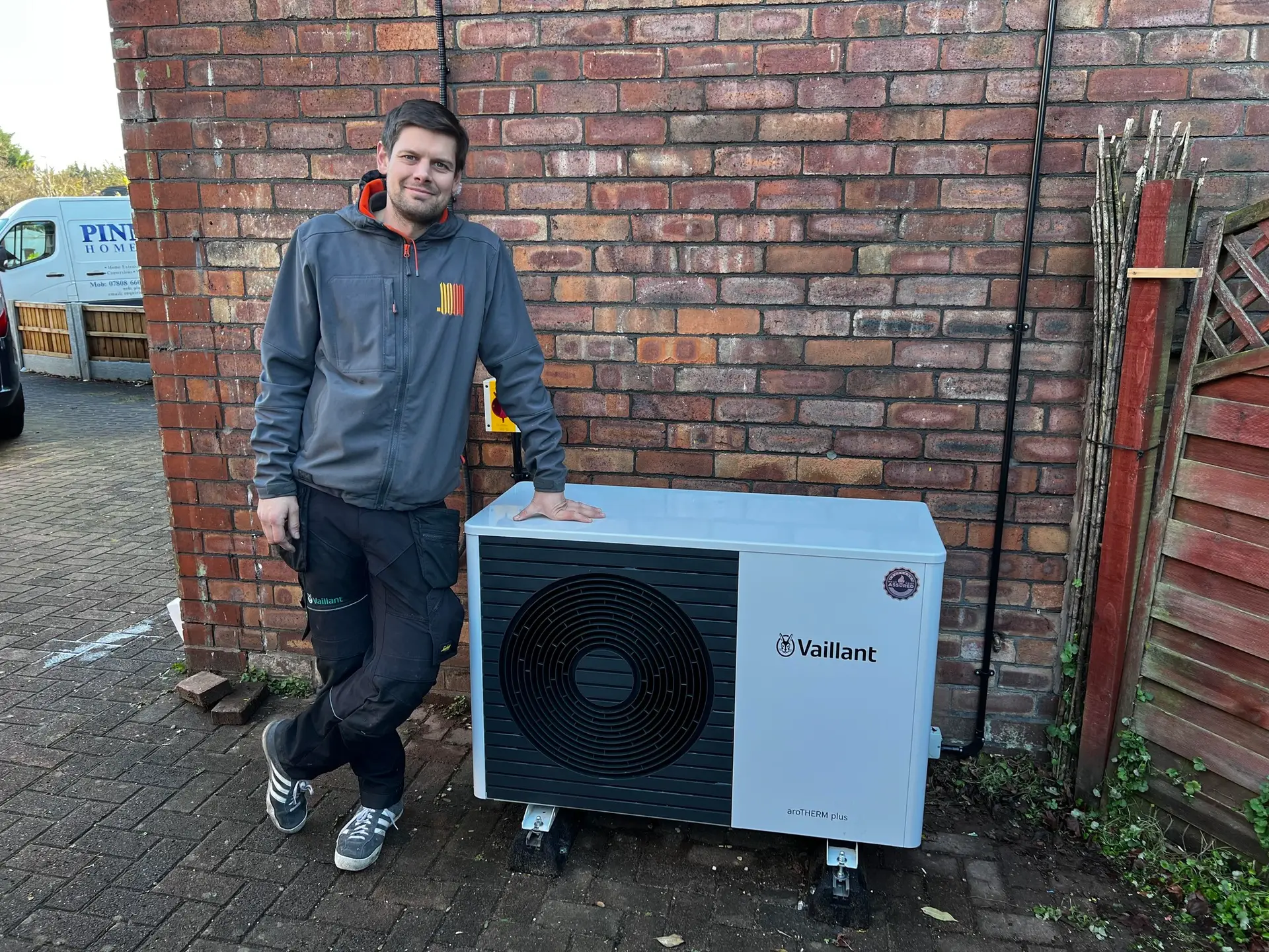 Liam our installer with a Vaillant Heat pump installed in Manchester